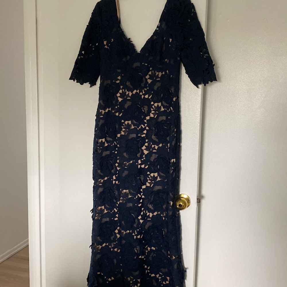 Mother of the Bride/Groom- Catherine Deane Navy lace gown with nude underlay